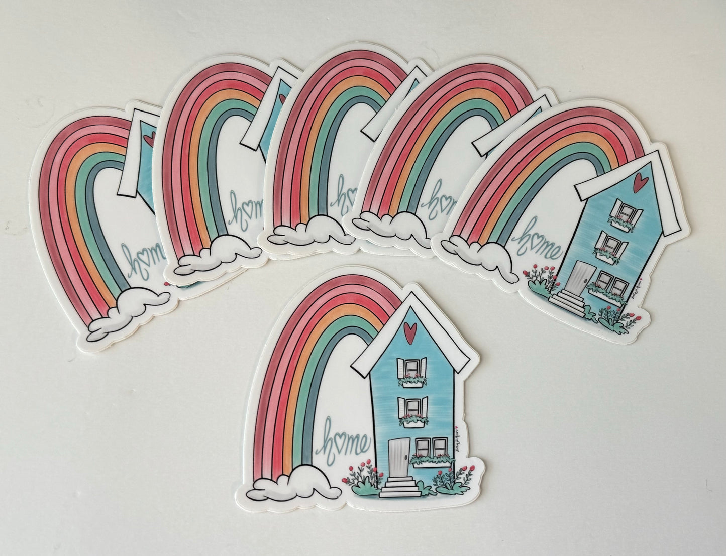 Pastel Blue House with pastel Rainbow Vinyl Sticker