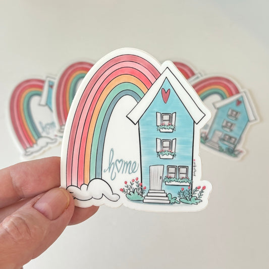 Pastel Blue House with pastel Rainbow Vinyl Sticker