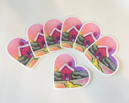 Art Heart Pink House with Yellow Road Vinyl Sticker