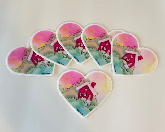 Art Heart Pink House on a hill Vinyl Sticker