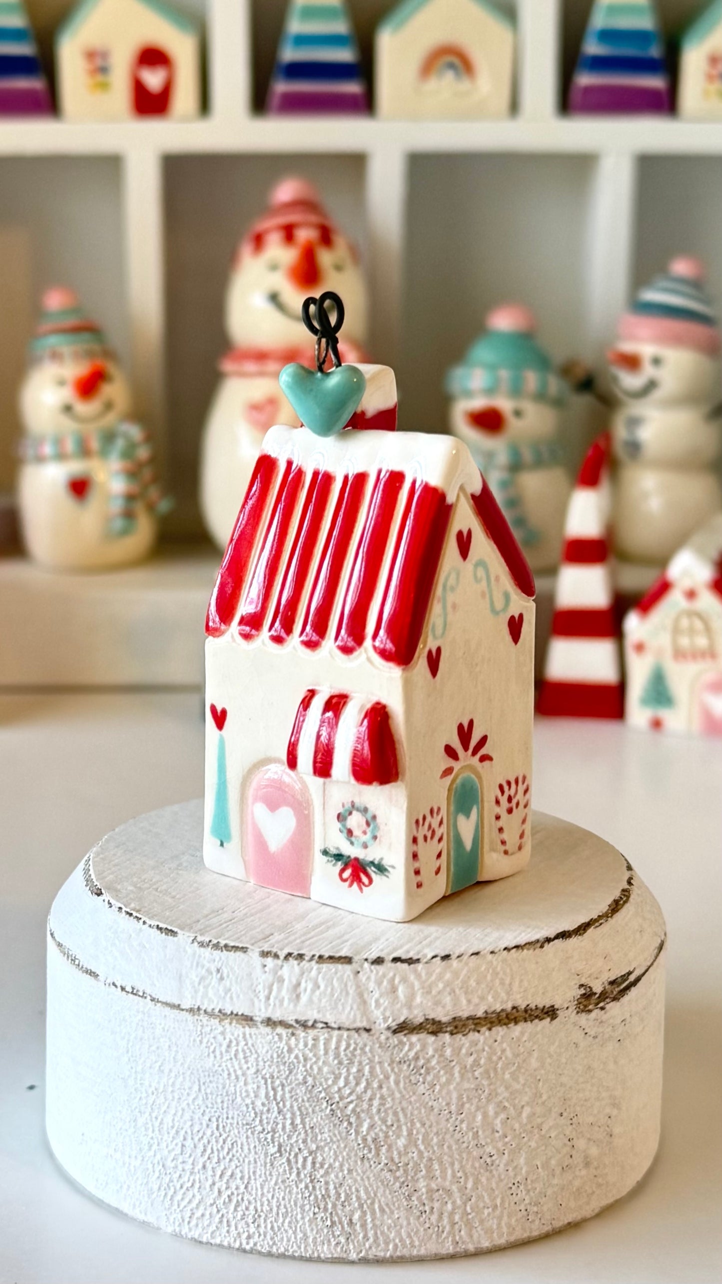 Red Striped Roof Winter House with Aquamint hanging chimney heart with tiny tree