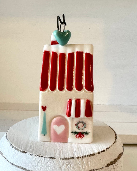 Red Striped Roof Winter House with Aquamint hanging chimney heart with tiny tree