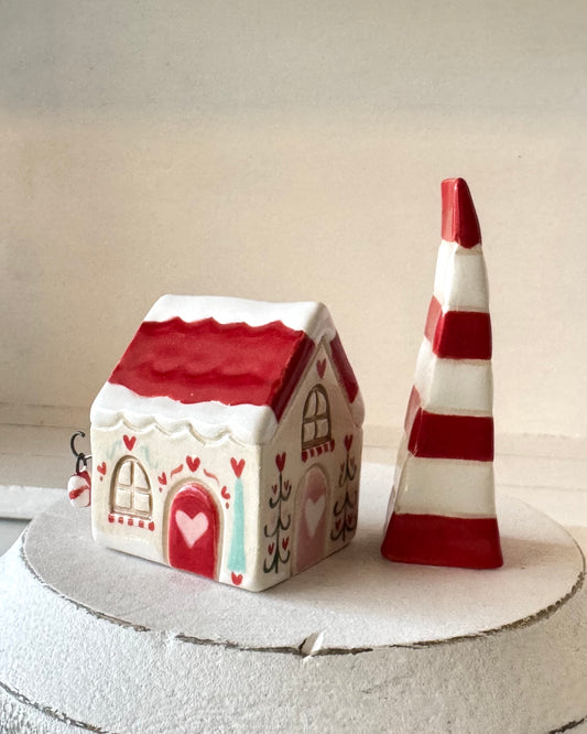 Red Roof Winter Candy Cane House with Red & White tree Set