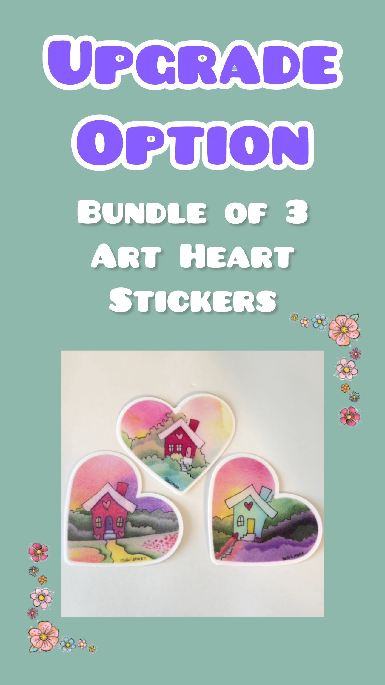 Optional upgrade - Bundle of 3 art heart stickers with houses on a light blue background