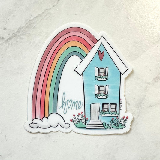 Pastel Blue House with pastel Rainbow Vinyl Sticker