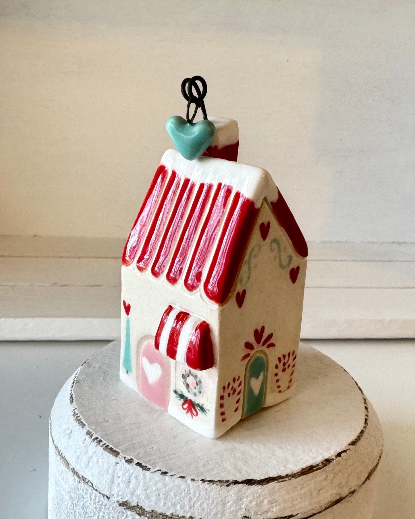 Red Striped Roof Winter House with Aquamint hanging chimney heart with tiny tree