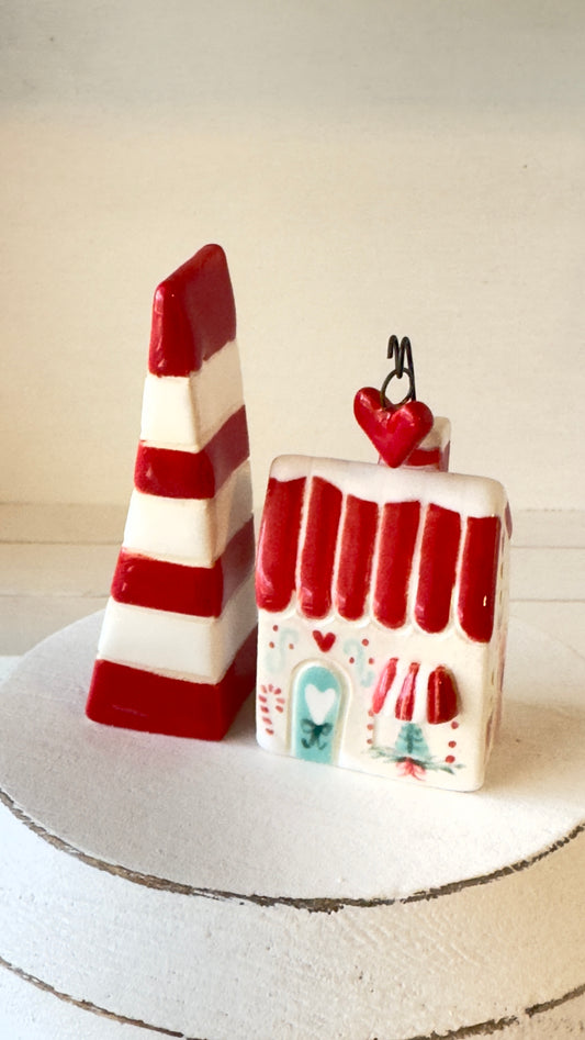 Red Striped Roof Winter House with Red & White tree Set