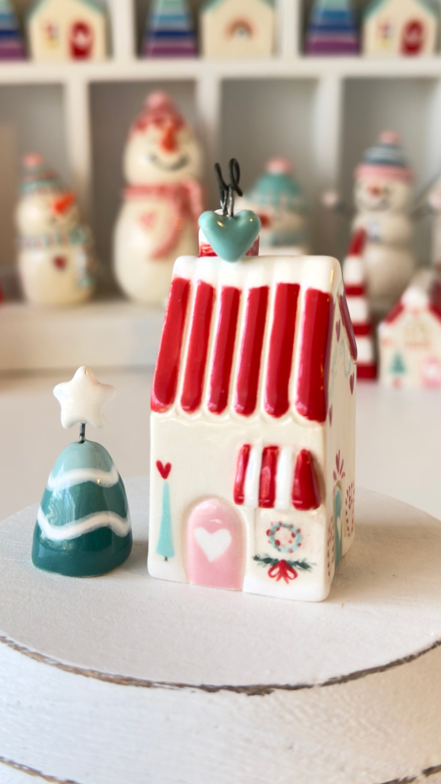 Red Striped Roof Winter House with Aquamint hanging chimney heart with tiny tree