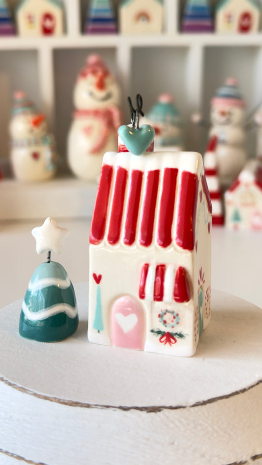 Red Striped Roof Winter House with Aquamint hanging chimney heart with tiny tree