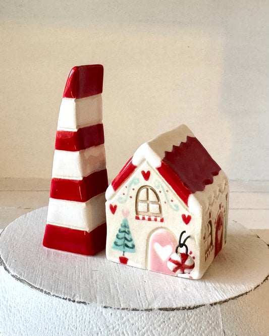 Red Roof Winter Candy Cane House with Red & White tree Set